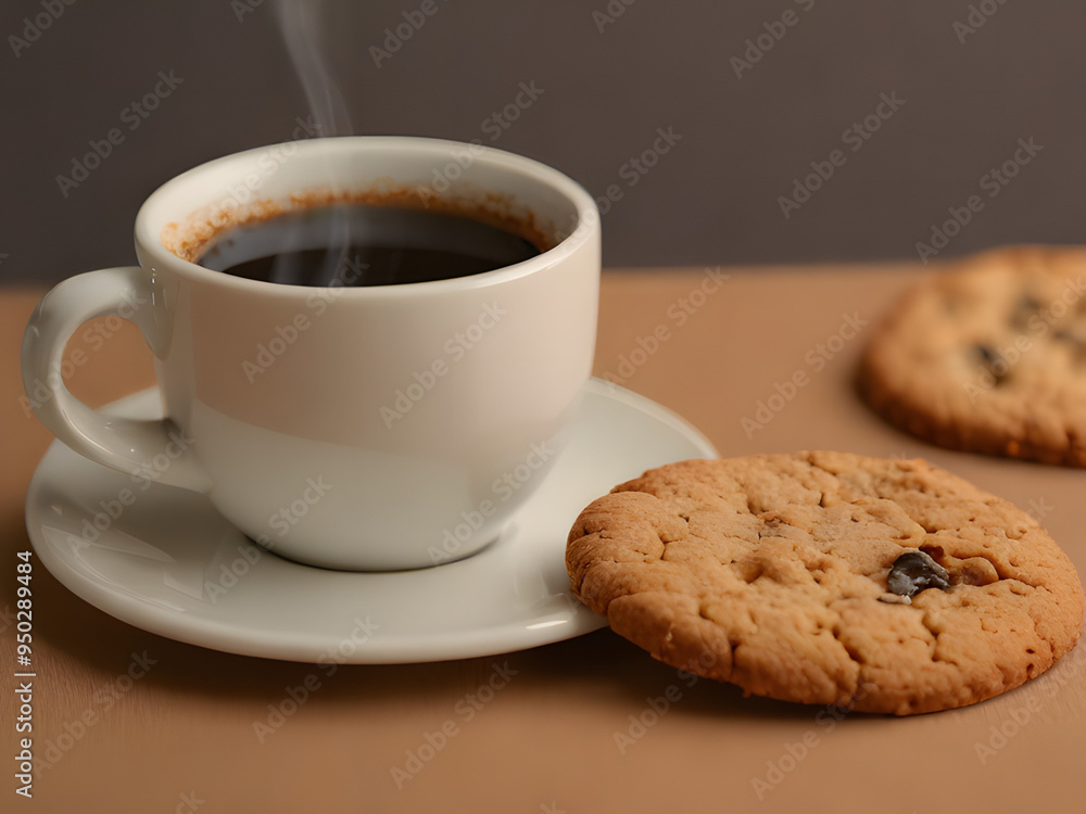 A steaming cup of coffee with two chocolate chip cookies on a saucer, creating a cozy and inviting atmosphere perfect for a relaxing break.” A steaming cup of coffee with two chocolate chip cookies on a saucer, creating a cozy and inviting atmosphere perfect for a relaxing break.”