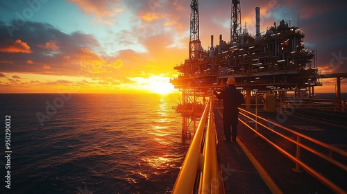 Offshore oil platform at sunset, silhouette of workers against the setting sun, vibrant colors, calm ocean, strong contrasts between light and shadow.