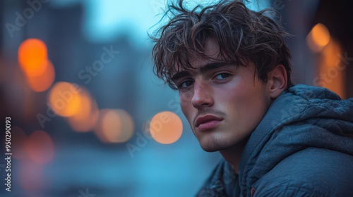 A young man with tousled brown hair looks intently at the camera