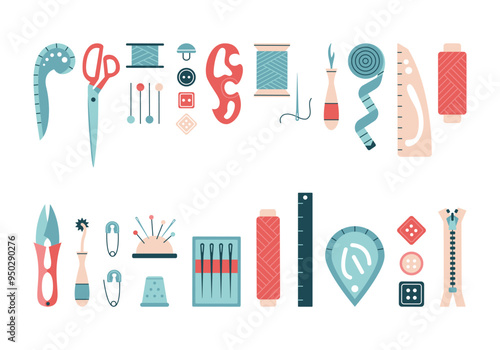 Sewing elements for sewing and needlecraft. Icons set. Tailoring tools, dressmaker equipment and needlework accessories. Threads, buttons, needle, scissors. Vector illustration