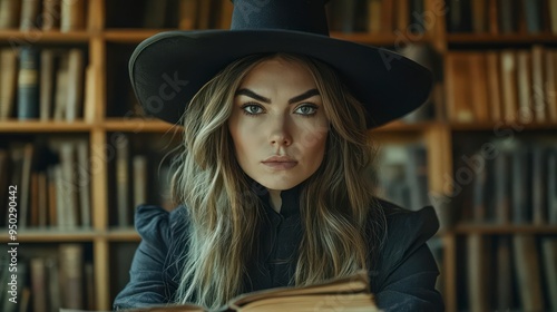 A woman in a black hat stares intently at the camera holding an old book in front of her in a library