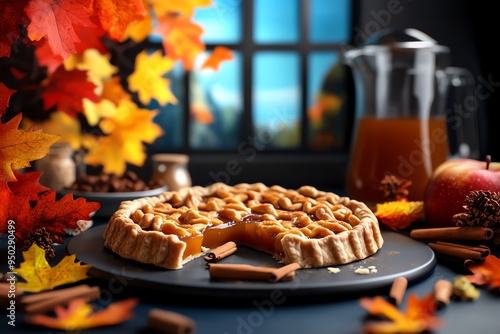 Autumn flavors in a cozy kitchen, illustrated in a scene where a kitchen is filled with the aroma of baking pies, cinnamon sticks, and simmering apple cider, with a view of colorful trees outside photo