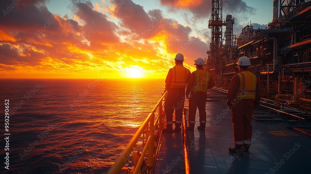 offshore oil platform at sunset, the silhouette of workers against the setting sun, vibrant colors, calm ocean.