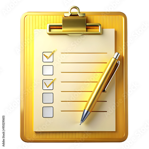 Golden Checklist Clipboard and Pen Isolated on transparent  Background 