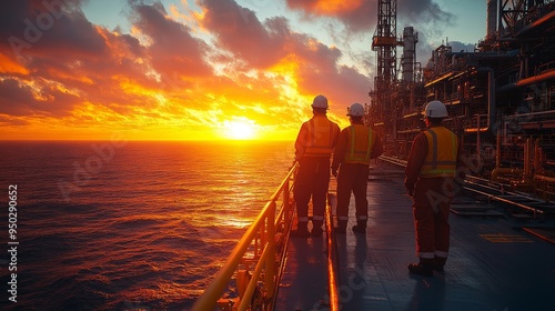 Obraz na płótnie offshore oil platform at sunset, the silhouette of workers against the setting sun, vibrant colors, calm ocean. w salonie