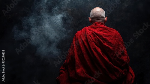 A solitary figure in red robes stands with his back to the camera surrounded by wisps of smoke