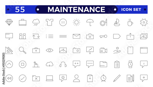 Maintenance Outline icons collection. Containing configuration, maintenance, service, tools, wrench, gear. For website marketing design, logo, app, template, ui, etc.