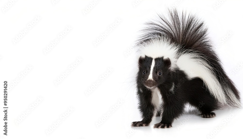 striped skunk - Mephitis mephitis - of live across much of North America possess highly developed musk filled scent glands to ward off predators. Isolated on white background with copy space striped skunk - Mephitis mephitis - of live across much of North America possess highly developed musk filled scent glands to ward off predators. Isolated on white background with copy space
