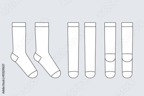 Socks vector template isolated on white. Unisex clothes. Apparel models sketch set. Outline for fashion clothes design. Front and right view. 