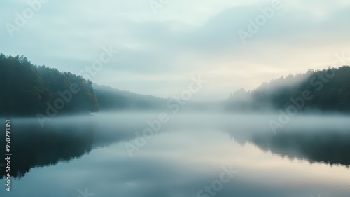 A serene landscape featuring a calm lake surrounded by mist, reflecting trees and a soft morning light.