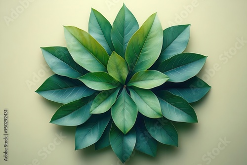 lush 3d rendering of a circular mandalalike arrangement of vibrant green leaves creating a natural symmetry against a soft beige background evoking ecofriendly themes photo