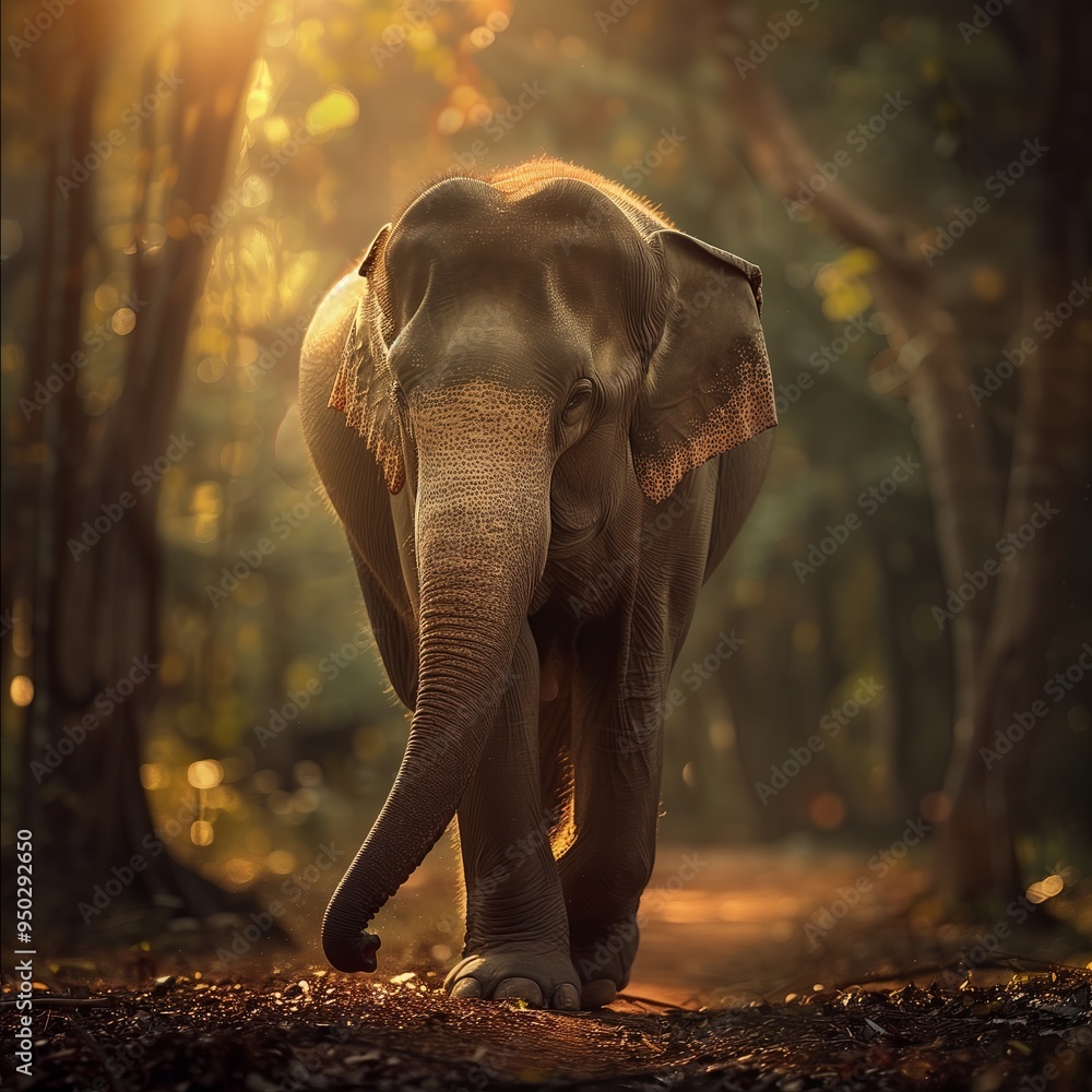 Fototapeta premium close up stunning Asian elephant with a peaceful demeanor and beautifully textured skin, gently blurred forest , soft, natural creating a warm, gentle effect on the