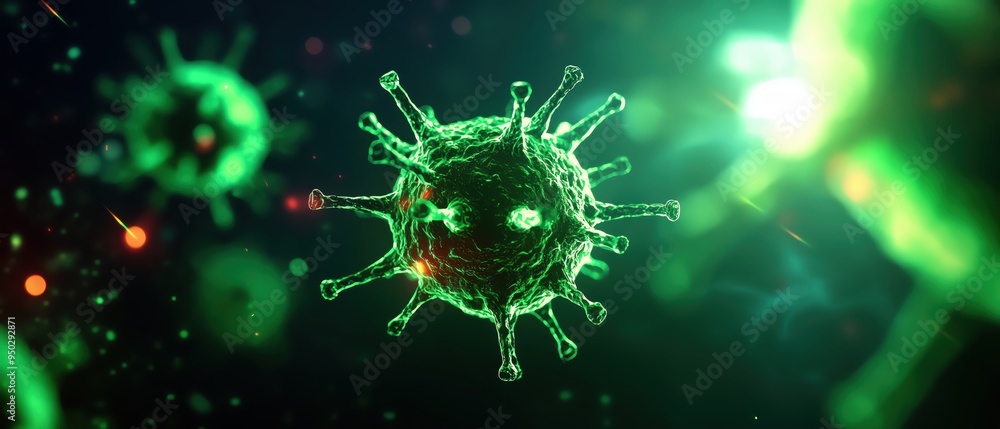 A vivid representation of a virus, showcasing intricate details and vibrant colors, illustrating microbial life in a stunning way.