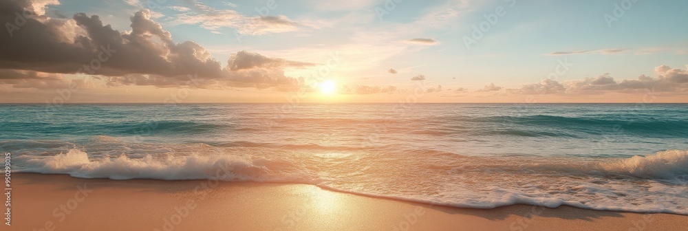 A beautiful beach with golden sand and calm seawater at sunset. A beautiful beach with golden sand and calm seawater at sunset.