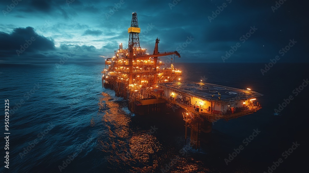 Obraz premium Offshore oil rig at night, floodlights illuminating the platform, deep blue ocean.