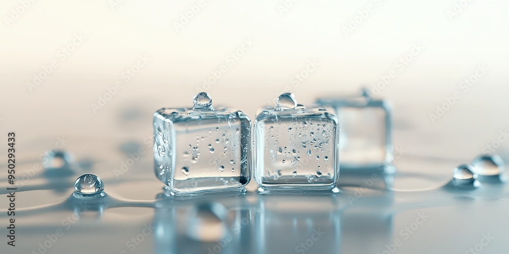 Three clear ice cubes with water droplets. Three clear ice cubes with water droplets.