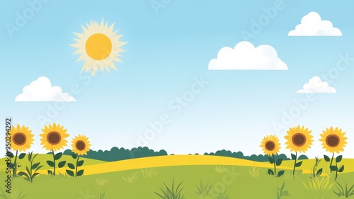 Vibrant illustration of sunflowers in a sunny landscape with blue sky and fluffy clouds, evoking a cheerful summer atmosphere.