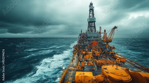 Offshore oil rig, workers in reflective vests moving equipment, deep blue ocean,