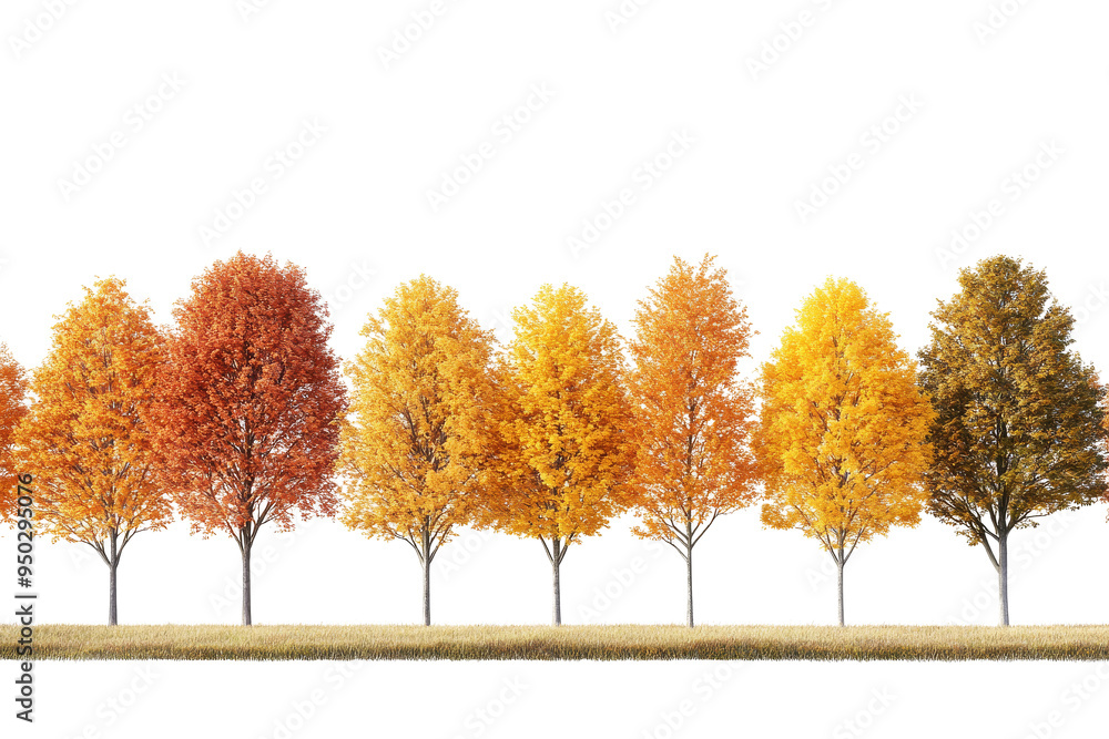Row of colorful autumn trees isolated on transparent background. Fall season Row of colorful autumn trees isolated on transparent background. Fall season