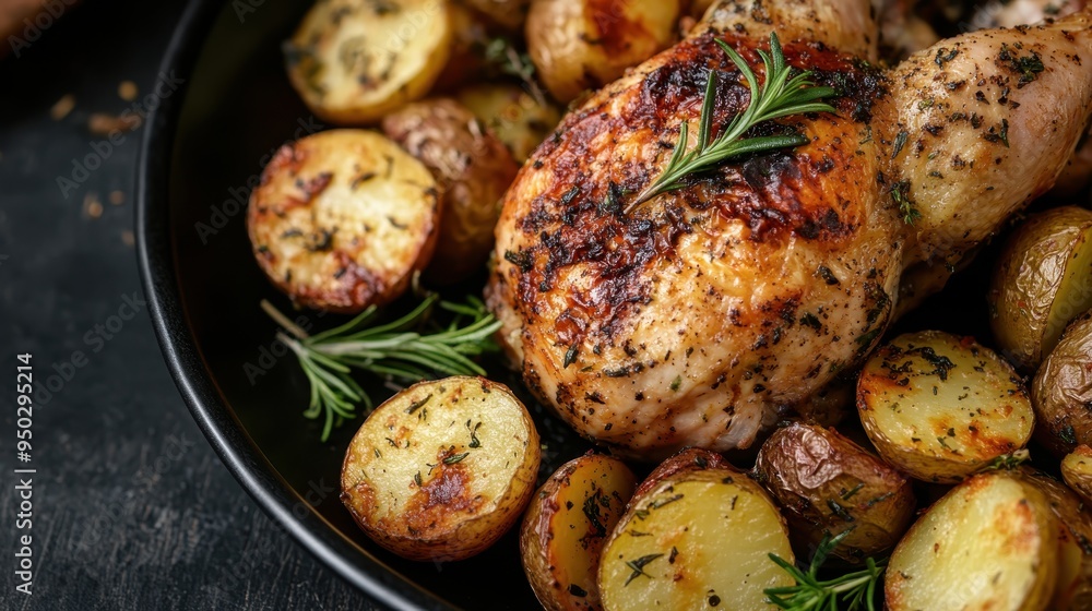 A delicious and appetizing dish featuring roasted chicken with crispy potatoes, garnished with rosemary, presented in a black pan with a dark background. A delicious and appetizing dish featuring roasted chicken with crispy potatoes, garnished with rosemary, presented in a black pan with a dark background.