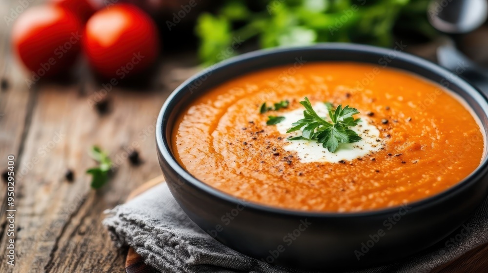 A bowl of creamy tomato soup garnished with fresh herbs and cream, set against a rustic wooden background. The vibrant red color looks delicious and hearty. A bowl of creamy tomato soup garnished with fresh herbs and cream, set against a rustic wooden background. The vibrant red color looks delicious and hearty.