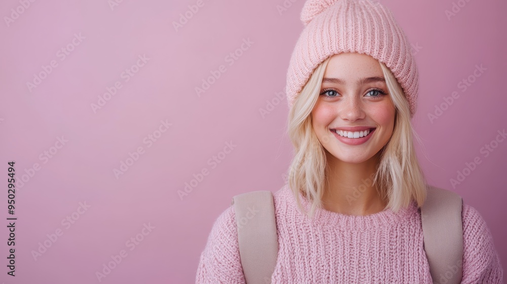A cheerful young woman with a blissful smile, dressed warmly in a pink knitted sweater and a matching beanie, posing against a pink backdrop, exemplifying joy and light-heartedness. A cheerful young woman with a blissful smile, dressed warmly in a pink knitted sweater and a matching beanie, posing against a pink backdrop, exemplifying joy and light-heartedness.