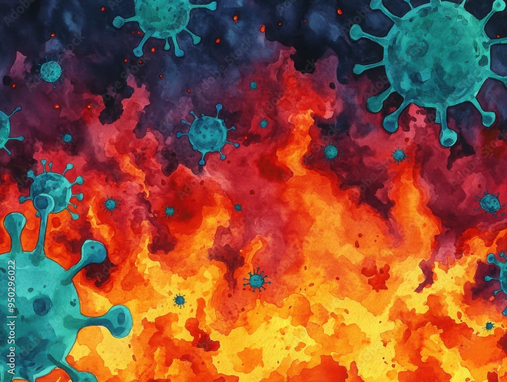 Obraz premium Bacterial invasion in the human body, antibiotics represented as glowing shields, intense battle scene in watercolor style