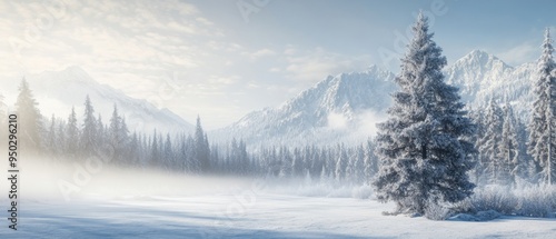 Wallpaper Mural Serene Winter Landscape with Snow-Covered Trees, Misty Mountains, and Sunlit Snowy Forests, Featuring an Old Pine Tree with Rime Ice Torontodigital.ca