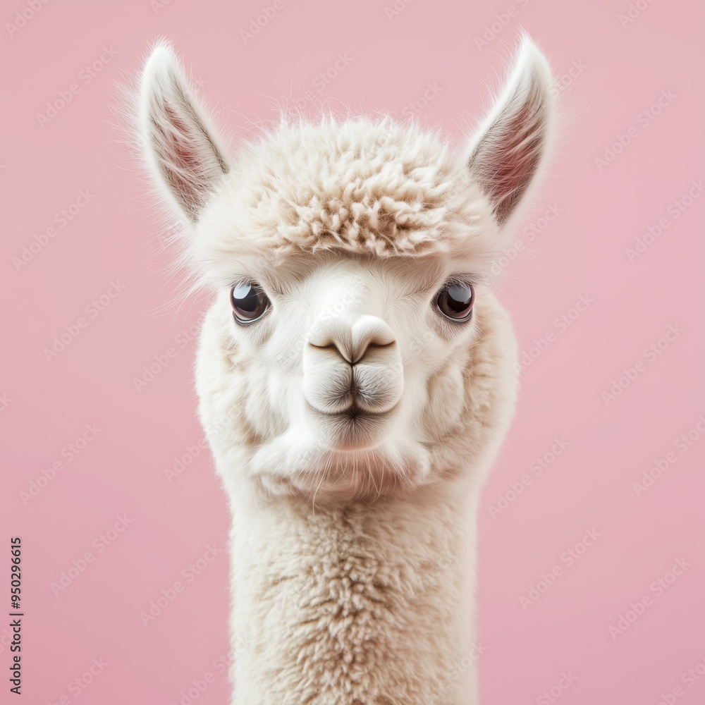 Obraz premium Cute little white funny alpaca isolated on tender pink background