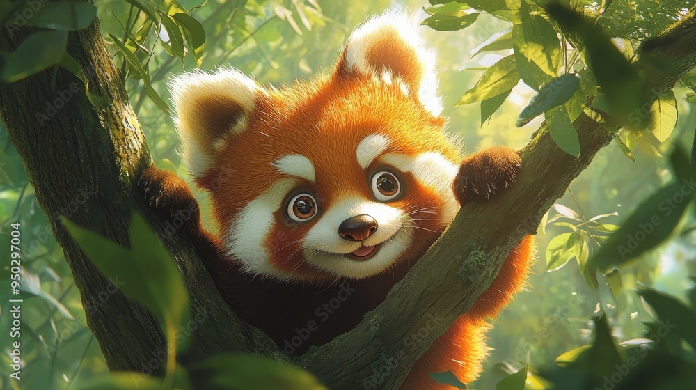 A cute red panda with fluffy fur hanging from a tree branch in a forest, surrounded by green foliage A cute red panda with fluffy fur hanging from a tree branch in a forest, surrounded by green foliage