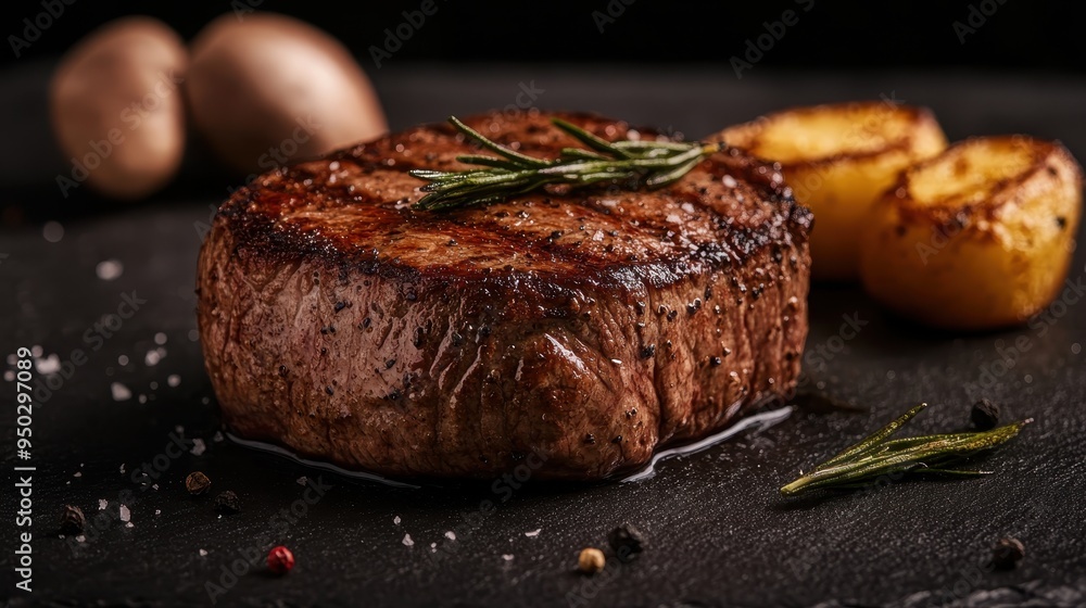 A perfectly grilled steak served with roasted potatoes and garnished with fresh rosemary, making for a mouthwatering and hearty meal, captured with rich detailing. A perfectly grilled steak served with roasted potatoes and garnished with fresh rosemary, making for a mouthwatering and hearty meal, captured with rich detailing.