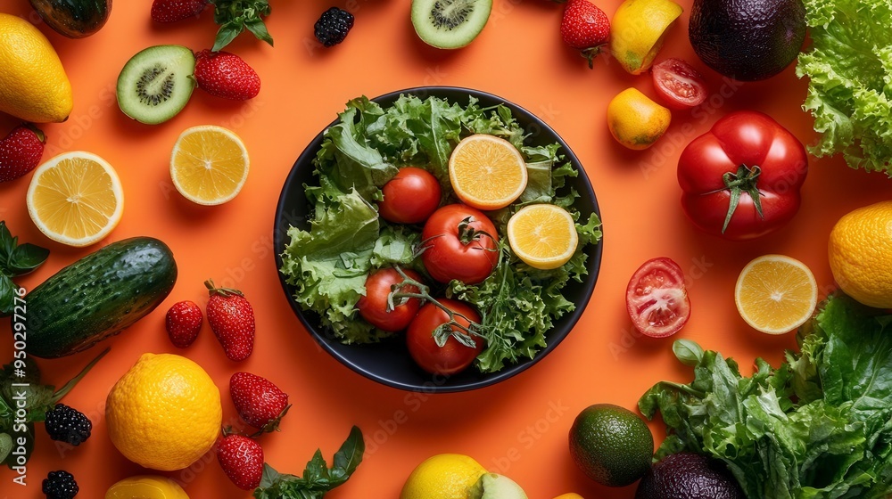 A bowl of fresh salad surrounded by a colorful array of fruits and vegetables A bowl of fresh salad surrounded by a colorful array of fruits and vegetables