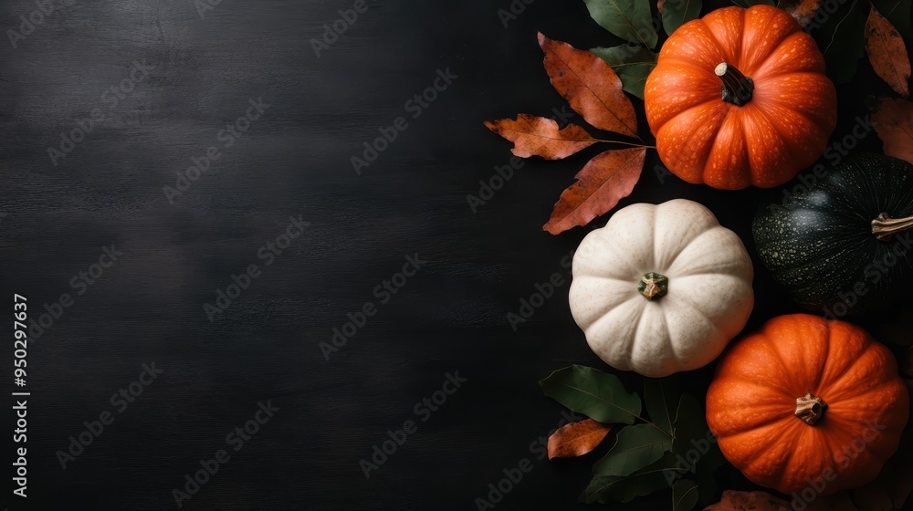 A selection of pumpkins in orange, white, and green with autumn leaves and dark green foliage is arranged on the right side of a dark background, embodying seasonal charm. A selection of pumpkins in orange, white, and green with autumn leaves and dark green foliage is arranged on the right side of a dark background, embodying seasonal charm.