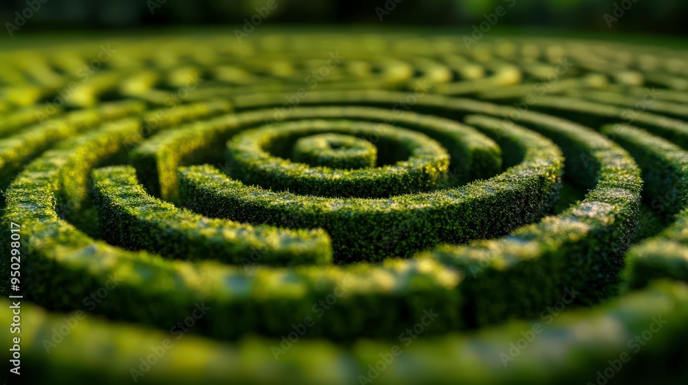 A lush green labyrinth of twisting paths and hedges A lush green labyrinth of twisting paths and hedges