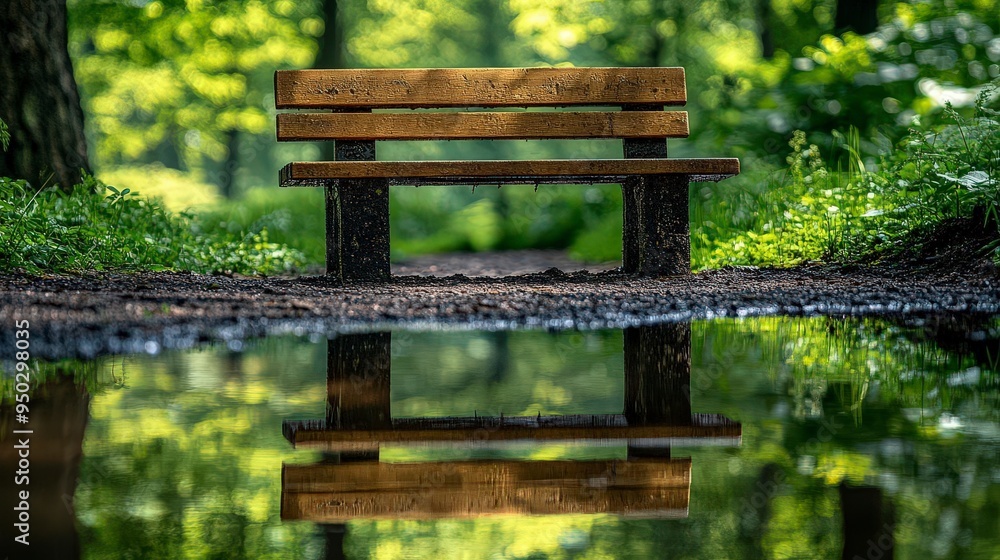 Fototapeta premium A wooden bench sits on a path in a forest its reflection in a puddle of water