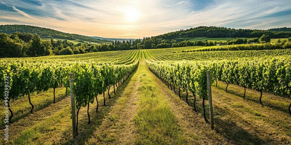 Fototapeta premium This is a vineyard with rows of grape vines.
