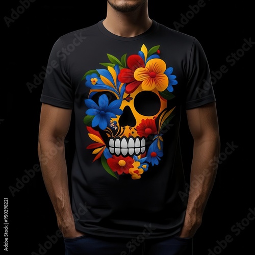 Skull with vibrant floral patterns, sugar skull style, on a dark t-shirt, Halloween meets Day of the Dead photo