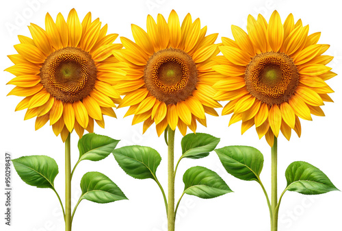 Set of Sunflowers Isolated on Transparent Background A Bright and Cheerful Collection of Sunflowers with Detailed Petals and Leaves, Perfect for Adding a Touch of Nature and Warmth to Any Design.