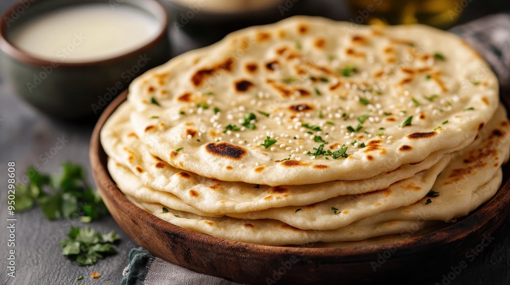 The image features naan bread laid out on a wooden platter, garnished with sesame seeds and herbs, highlighting the traditional and homemade culinary aspects of this delicious dish. The image features naan bread laid out on a wooden platter, garnished with sesame seeds and herbs, highlighting the traditional and homemade culinary aspects of this delicious dish.
