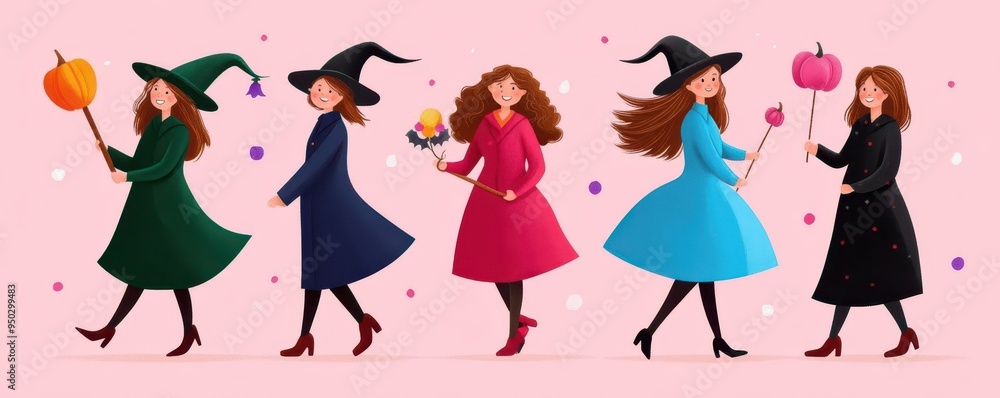 A collection of stylish witches in various outfits, celebrating Halloween with playful props against a pastel backdrop. A collection of stylish witches in various outfits, celebrating Halloween with playful props against a pastel backdrop.