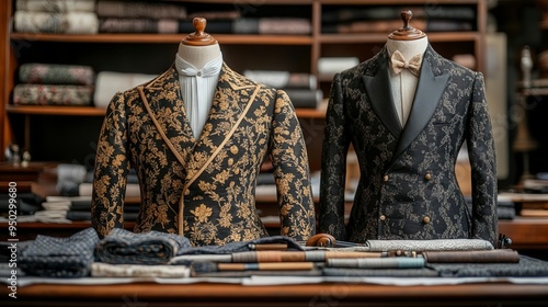 Two tailored suits on display in a shop one with a floral pattern and a white collar the other with a black bowtie photo