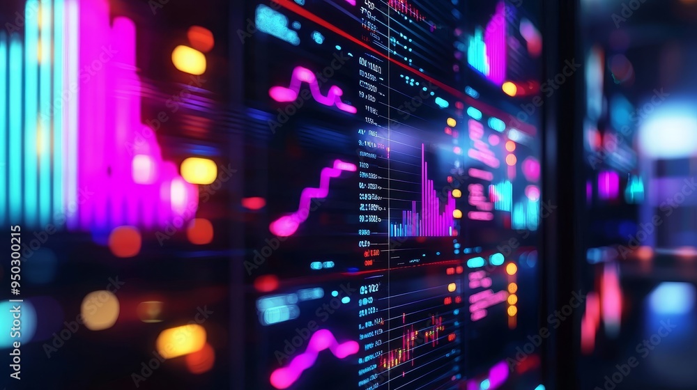 Fototapeta premium SEO analytics, transparent digital dashboards, neon data flow, high-tech office setting