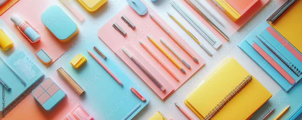 Office supplies flat design top view stationery 3D render Splitcomplementary color scheme Office supplies flat design top view stationery 3D render Splitcomplementary color scheme