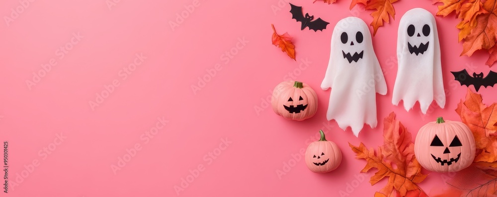 Festive Halloween scene with playful ghosts, pumpkins, and autumn leaves on a vibrant pink background. Festive Halloween scene with playful ghosts, pumpkins, and autumn leaves on a vibrant pink background.