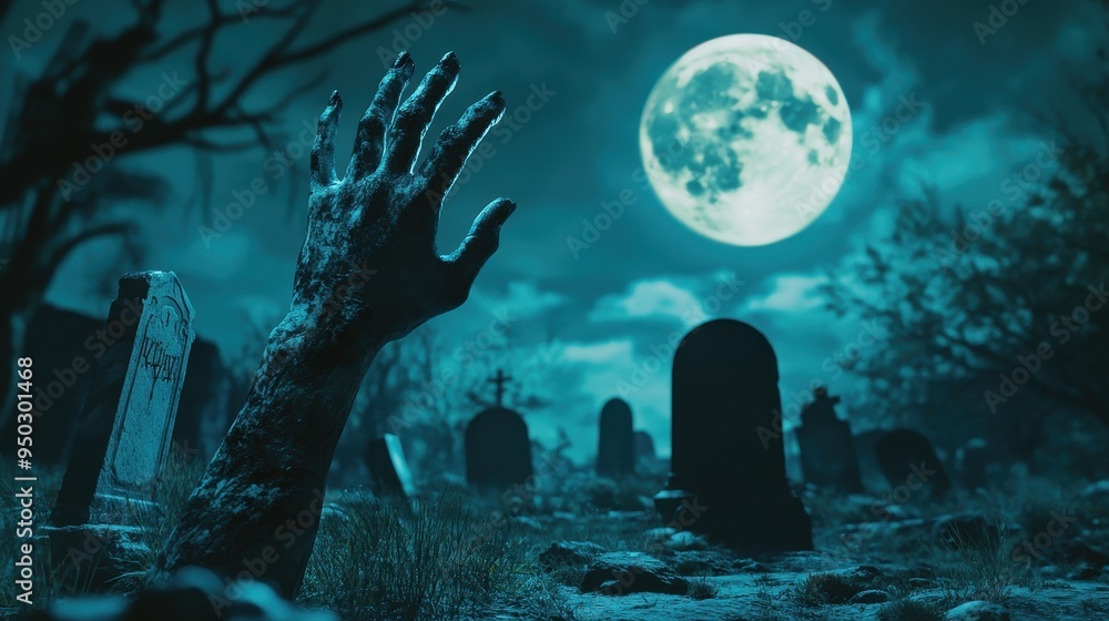 Obraz premium Eerie Ghostly Hand Emerging from Grave at Night with Tombstones and Full Moon - Halloween Horror Concept