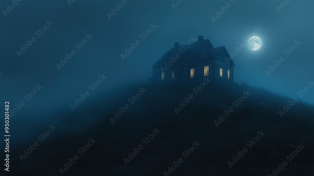 Eerie Haunted House on Hill with Ghostly Figure in Foggy Moonlight Eerie Haunted House on Hill with Ghostly Figure in Foggy Moonlight