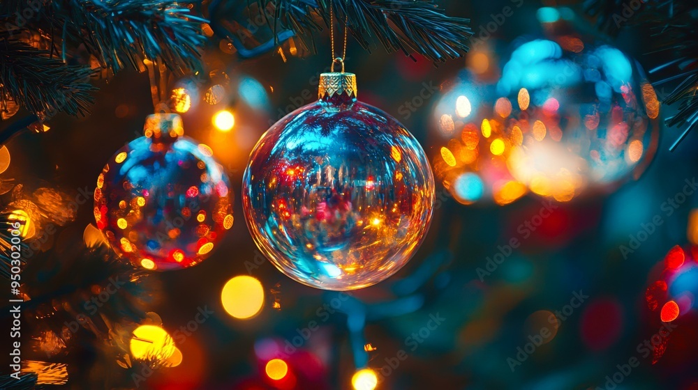 Christmas tree adorned with glowing, reflective baubles against a warm, festive backdrop perfect for holiday greetings, ads, and festive social media posts, Christmas tree adorned with glowing, reflective baubles against a warm, festive backdrop perfect for holiday greetings, ads, and festive social media posts,
