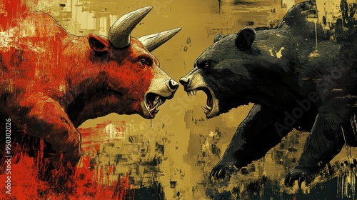 An intense illustration depicting a fierce bull and bear facing off, symbolizing the stock market, Ideal for financial articles, investment strategies, and market trend analysis, photo