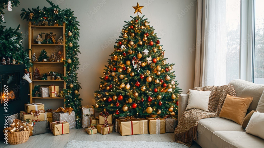 A beautifully decorated living room featuring a Christmas tree adorned with golden ornaments and surrounded by gifts perfect for holiday-themed promotions, greeting cards, or festive advertisements, A beautifully decorated living room featuring a Christmas tree adorned with golden ornaments and surrounded by gifts perfect for holiday-themed promotions, greeting cards, or festive advertisements,