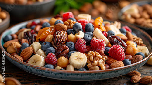 Colorful plate of mixed fruits and nuts